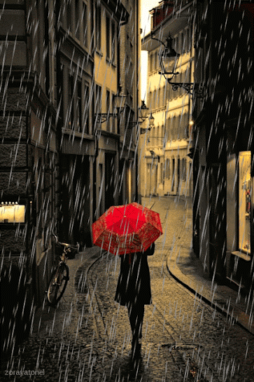Гиф анимация девушка с красным зонтом под дождем